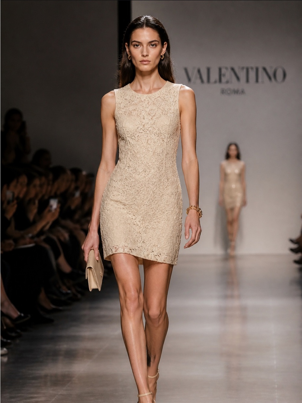 Poof! Lace Mini Dress in Beige